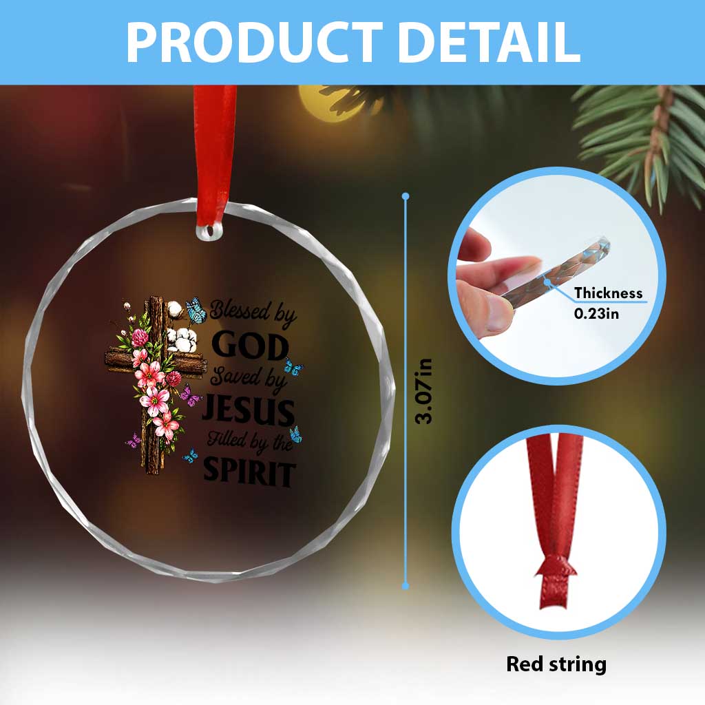 Blessed By God Saved By Jesus Crystal Glass Ornament Floral Cross Christian Faith Inspirational TS10 Print Your Wear