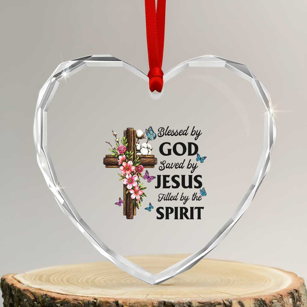 Blessed By God Saved By Jesus Heart Crystal Glass Ornament Floral Cross Christian Faith Inspirational TS10 Transparent Glass 3'' Heart Print Your Wear