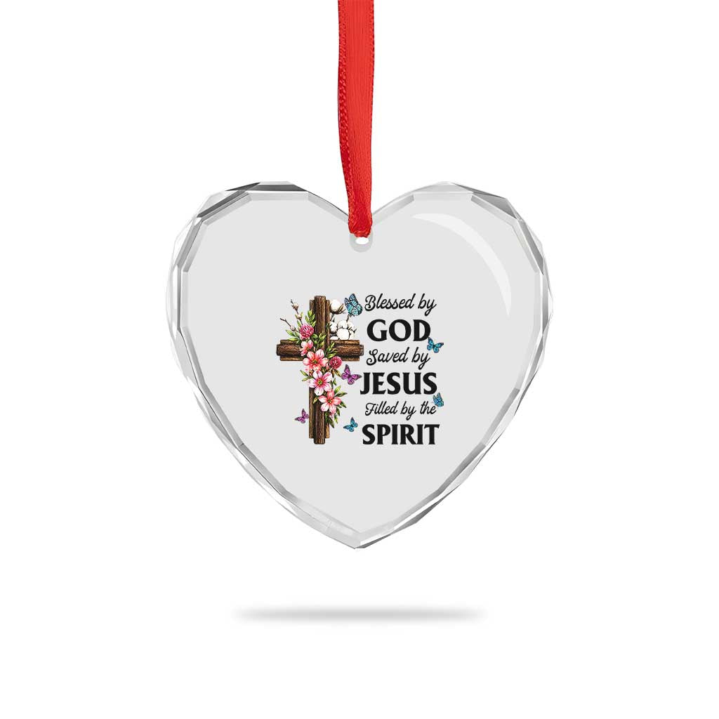 Blessed By God Saved By Jesus Heart Crystal Glass Ornament Floral Cross Christian Faith Inspirational TS10 Print Your Wear