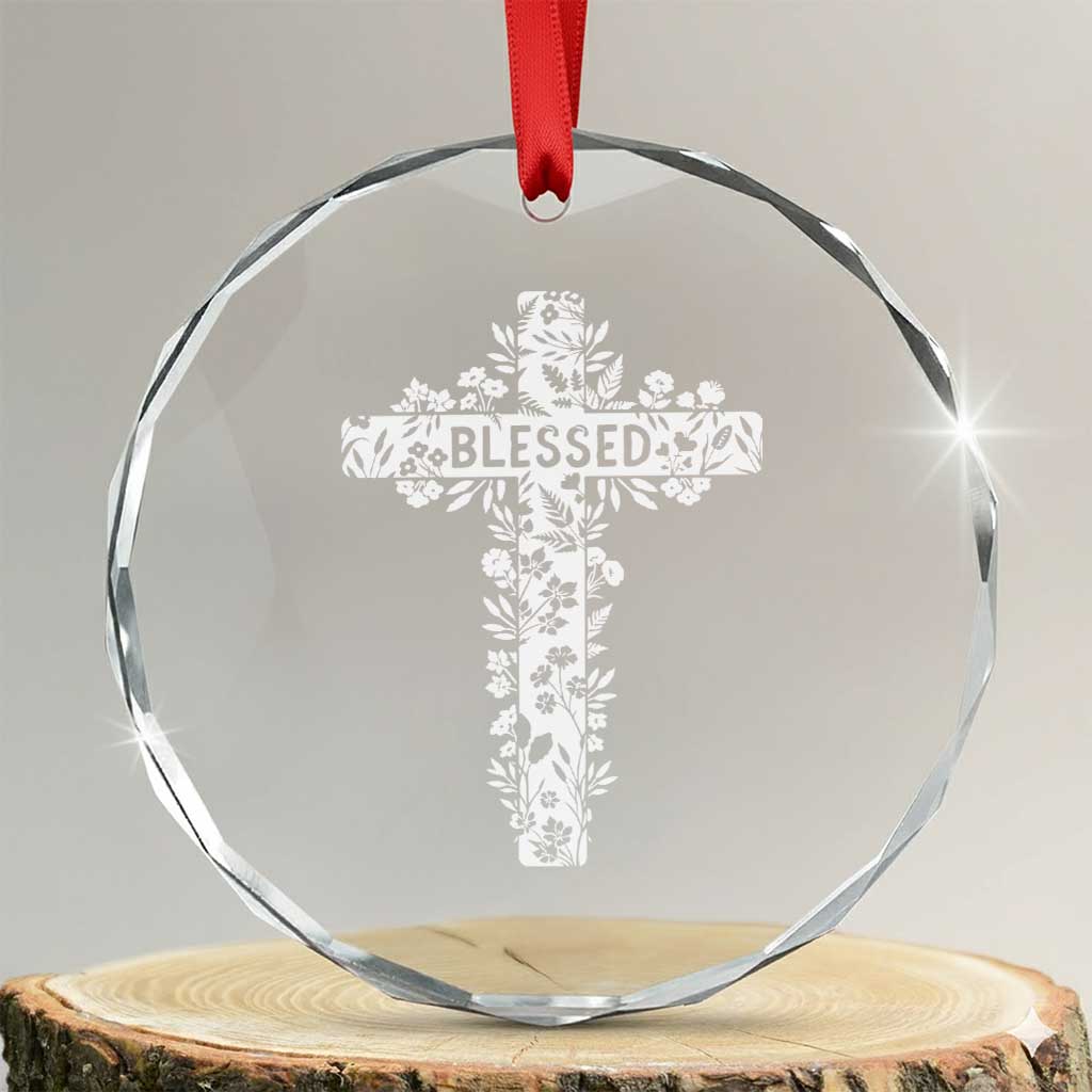 Blessed Floral Cross Christian Graphic Crystal Glass Ornament Faith Inspired Minimalist Scripture TS02 Transparent Glass 3'' Circle Print Your Wear