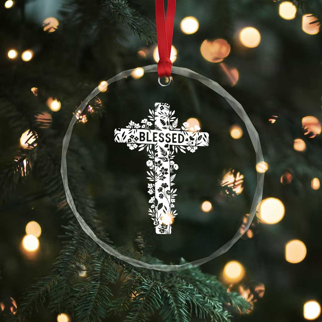 Blessed Floral Cross Christian Graphic Crystal Glass Ornament Faith Inspired Minimalist Scripture TS02 Print Your Wear