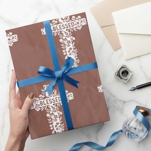 Blessed Floral Cross Christian Graphic Wrapping Paper Roll Faith Inspired Minimalist Scripture TS02 Mocha Print Your Wear