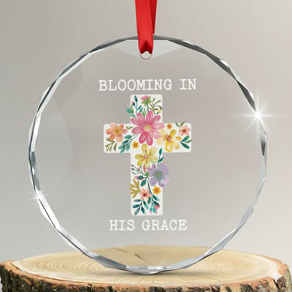 Blooming in His Grace Boho Christian Wildflower Crystal Glass Ornament Floral Cross Religious TS14 Transparent Glass 3'' Circle Print Your Wear