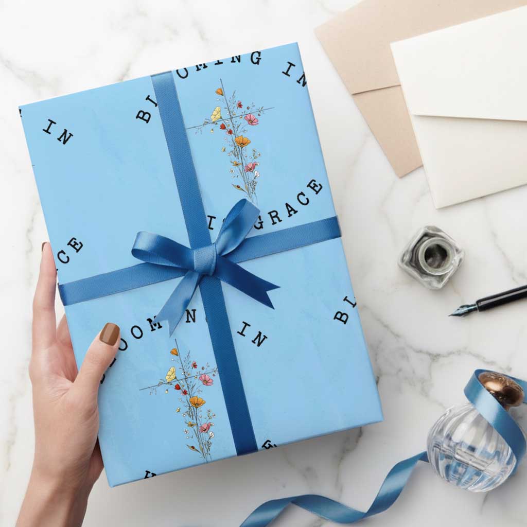 Blooming in His Grace Wrapping Paper Roll Boho Wildflower Christian Faith TS14 Light Blue Print Your Wear