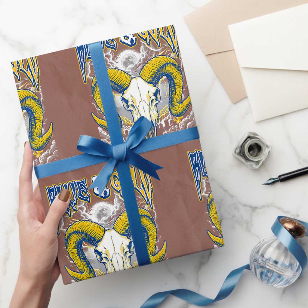 Blue and Gold Lightning Ram Skull Bighorn Sheep Graphic Wrapping Paper Roll Electric City Pride TS02 Mocha Print Your Wear