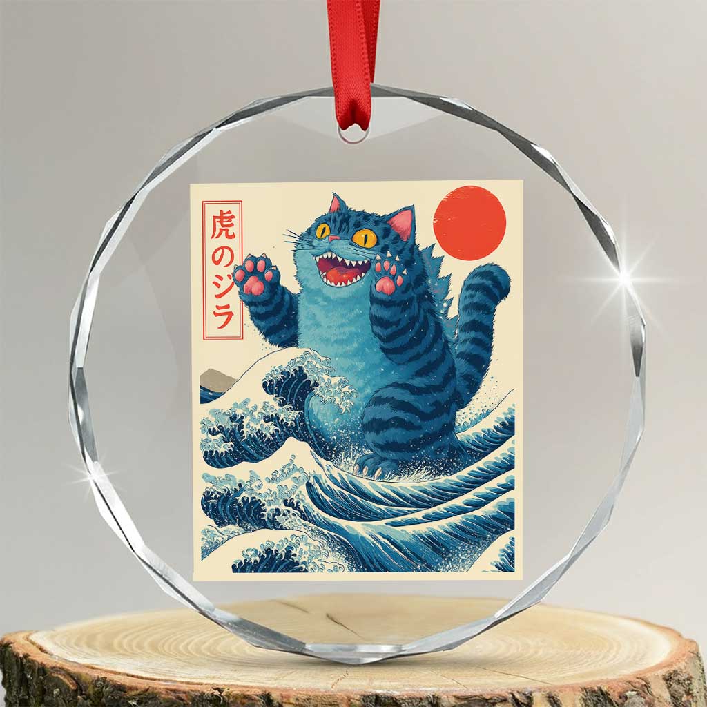 Blue Catzilla Cat Japanese Art Crystal Glass Ornament Kawaii Demon Tiger Funny Kitty Dad Gifts TS10 Transparent Glass 3'' Circle Print Your Wear