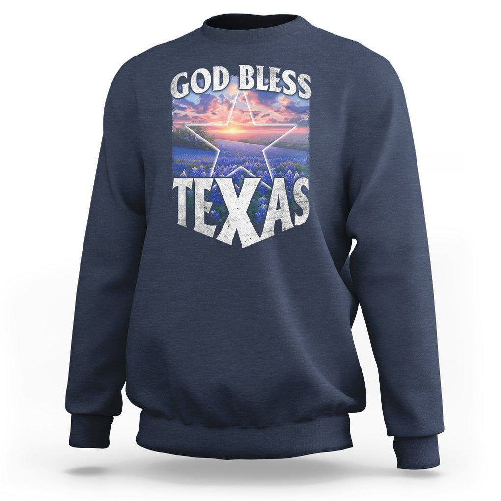Bluebonnet Field God Bless Texas Sweatshirt TS09 Navy Print Your Wear
