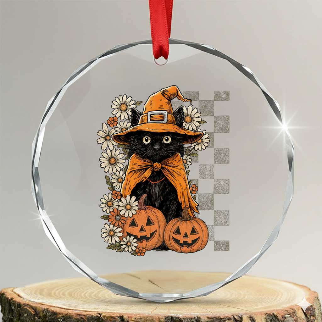 Boho Cat Wild Flowers Crystal Glass Ornament Vintage Autumn Cozy Black Cat Pumpkin Halloween TS10 Transparent Glass 3'' Circle Print Your Wear