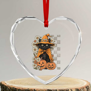 Boho Cat Wild Flowers Heart Crystal Glass Ornament Vintage Autumn Cozy Black Cat Pumpkin Halloween TS10 Transparent Glass 3'' Heart Print Your Wear