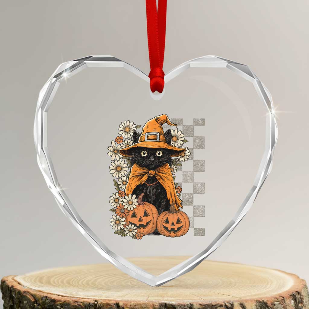 Boho Cat Wild Flowers Heart Crystal Glass Ornament Vintage Autumn Cozy Black Cat Pumpkin Halloween TS10 Transparent Glass 3'' Heart Print Your Wear