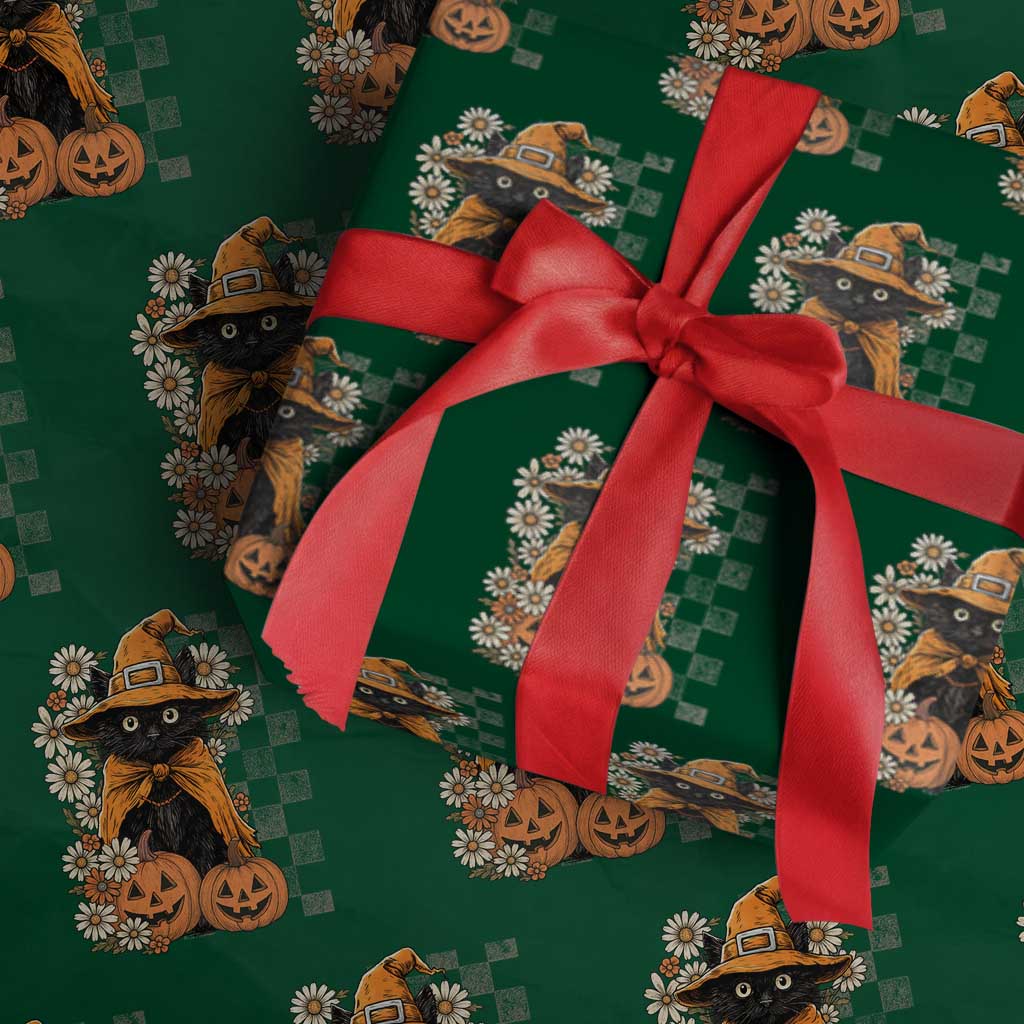Boho Cat Wild Flowers Wrapping Paper Roll Vintage Autumn Cozy Black Cat Pumpkin Halloween TS10 Green Print Your Wear