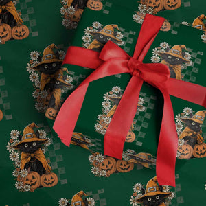 Boho Cat Wild Flowers Wrapping Paper Roll Vintage Autumn Cozy Black Cat Pumpkin Halloween TS10 Green Print Your Wear