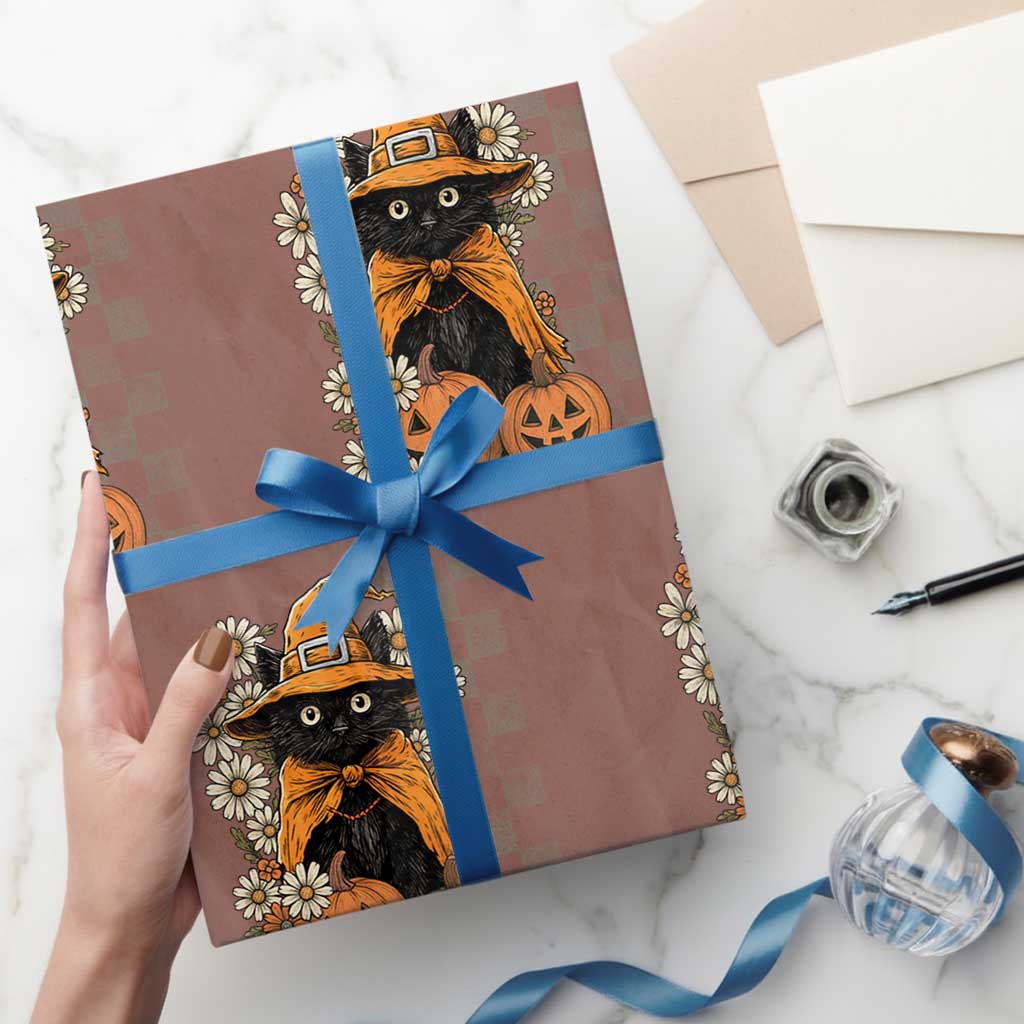 Boho Cat Wild Flowers Wrapping Paper Roll Vintage Autumn Cozy Black Cat Pumpkin Halloween TS10 Mocha Print Your Wear