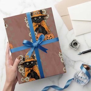 Boho Cat Wild Flowers Wrapping Paper Roll Vintage Autumn Cozy Black Cat Pumpkin Halloween TS10 Mocha Print Your Wear