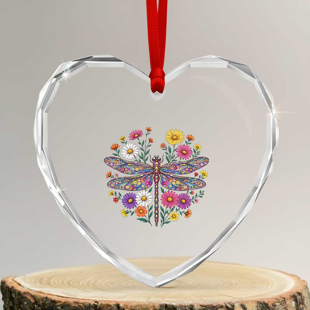 Boho Floral Spring Dragonfly Heart Crystal Glass Ornament Colorful Mosaic Insect
