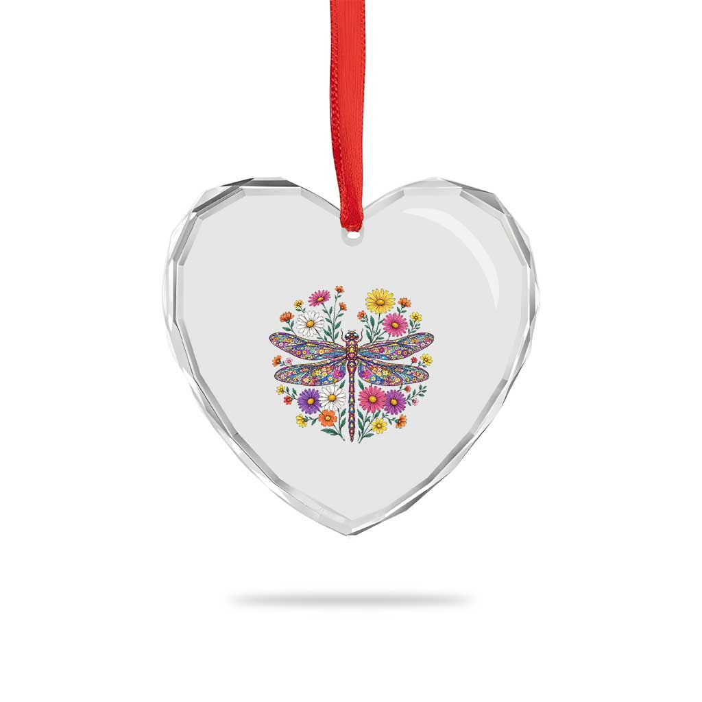 Boho Floral Spring Dragonfly Heart Crystal Glass Ornament Colorful Mosaic Insect