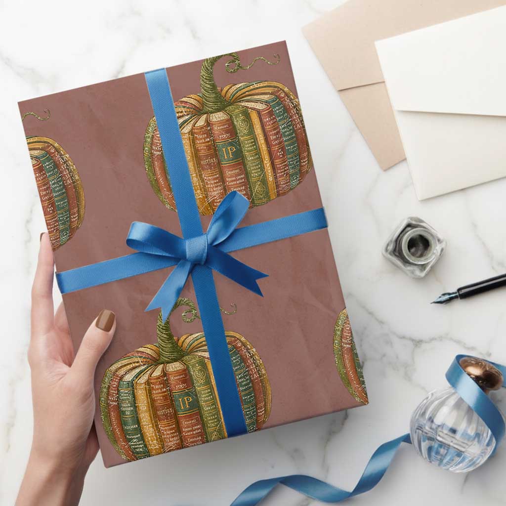 Book Pumpkin Autumn Fall Librarians Bookworm Teacher Wrapping Paper Roll TS11 Mocha Print Your Wear