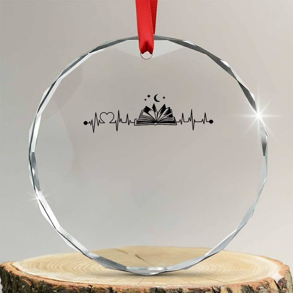 Bookaholic Heartbeat Graphic Crystal Glass Ornament Vintage Reader Lifeline Gift TS12 Transparent Glass 3'' Circle Print Your Wear