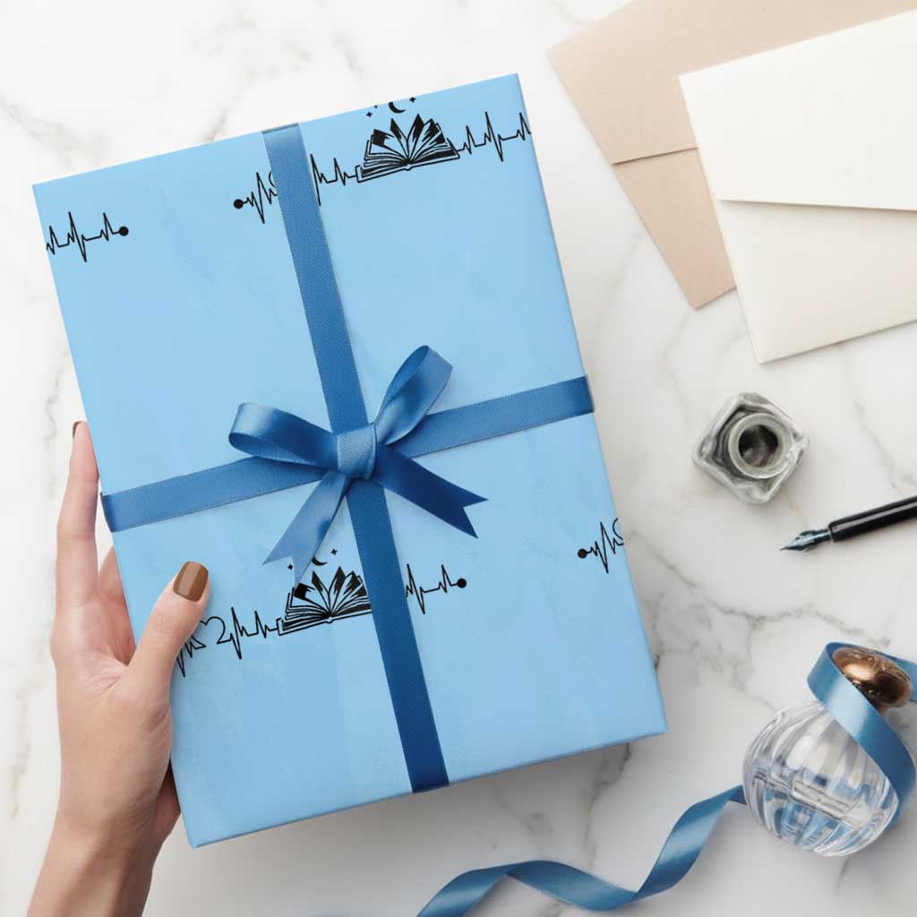 Bookaholic Heartbeat Graphic Wrapping Paper Roll Vintage Reader Lifeline Gift TS12 Light Blue Print Your Wear