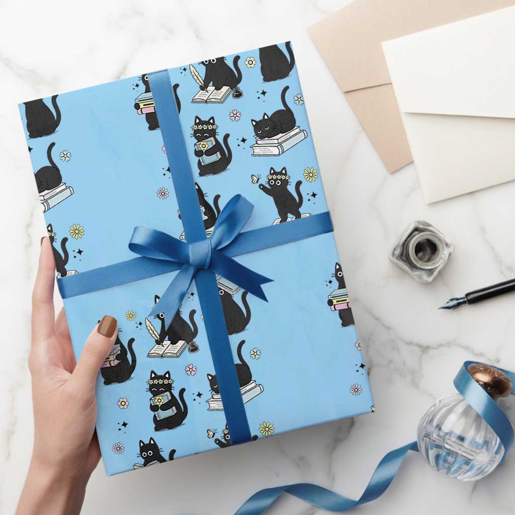 Bookish Black Cat Wrapping Paper Roll Funny Librarian Cat Lover Gift TS12 Light Blue Print Your Wear