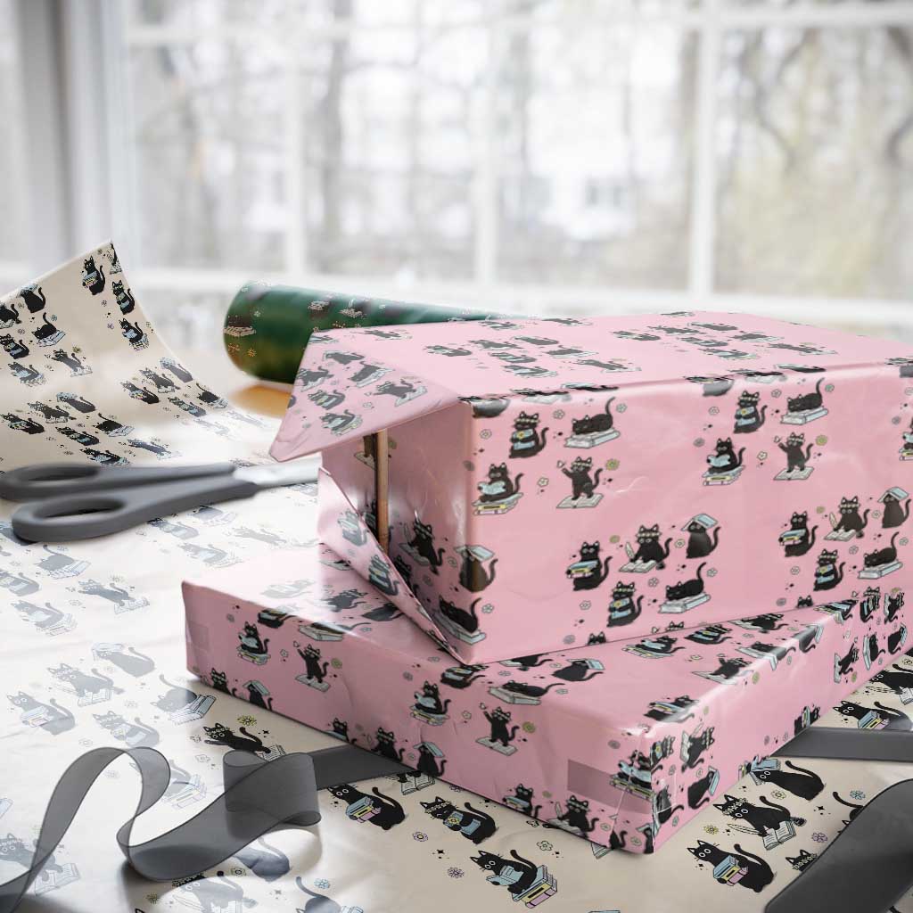 Bookish Black Cat Wrapping Paper Roll Funny Librarian Cat Lover Gift TS12 Light Pink Print Your Wear