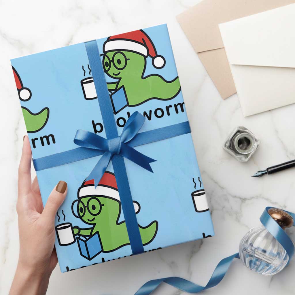 Bookworm Christmas Wrapping Paper Roll Reading Book Lover TS14 Light Blue Print Your Wear