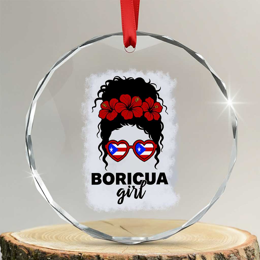 Boricua Girl Crystal Glass Ornament Messy Bun Puerto Rican Flag Hibiscus Flower - Print Your Wear