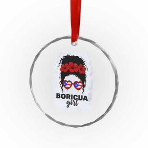 Boricua Girl Crystal Glass Ornament Messy Bun Puerto Rican Flag Hibiscus Flower - Print Your Wear