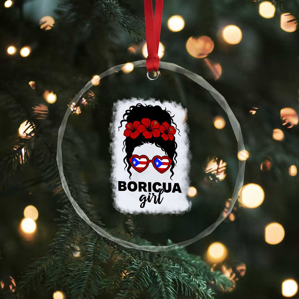 Boricua Girl Crystal Glass Ornament Messy Bun Puerto Rican Flag Hibiscus Flower TS10 Print Your Wear