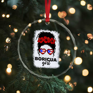 Boricua Girl Crystal Glass Ornament Messy Bun Puerto Rican Flag Hibiscus Flower - Print Your Wear