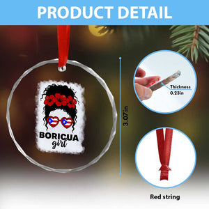 Boricua Girl Crystal Glass Ornament Messy Bun Puerto Rican Flag Hibiscus Flower - Print Your Wear