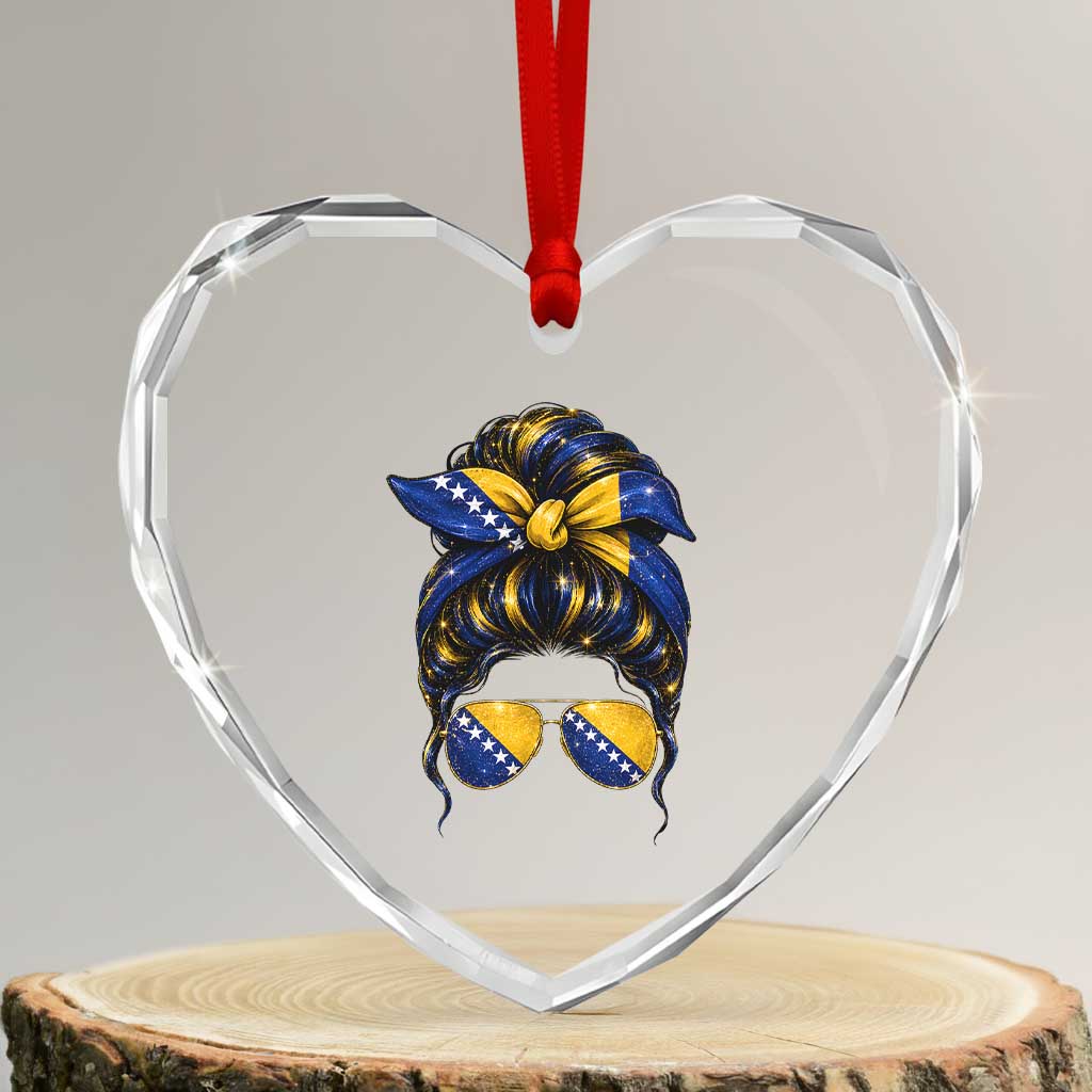 Bosnian Girl Messy Bun Flag Bandana Woman Graphic Heart Crystal Glass Ornament Bosnia Herzegovina Pride