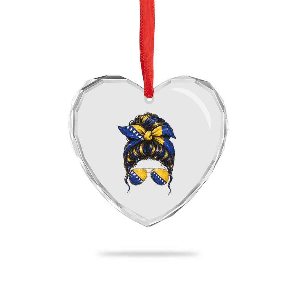 Bosnian Girl Messy Bun Flag Bandana Woman Graphic Heart Crystal Glass Ornament Bosnia Herzegovina Pride