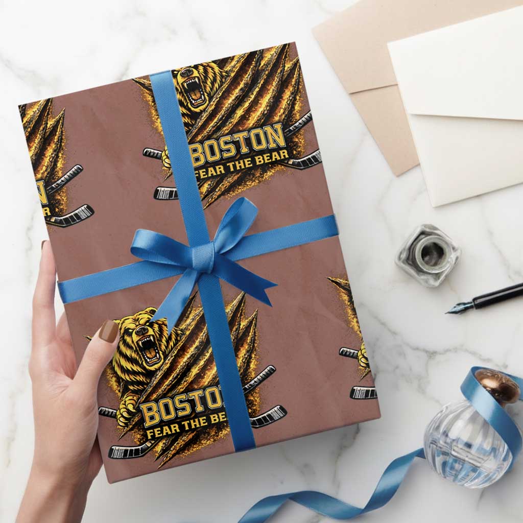 Boston Ice Hockey Wrapping Paper Roll Retro Fear The Bear Funny Sarcastic Saying TS10 Mocha Print Your Wear