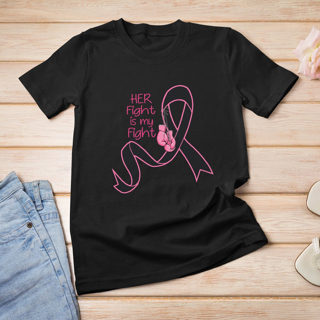 Breast Cancer Awareness For Women Her Fight Is My Fight Pink Ribbon Boxing Gloves TS02 Black Printyourwear