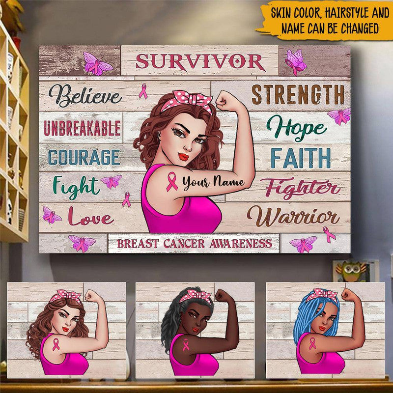 Personalized Breast Cancer Awareness Month Poster Fighter Unbreakble CTM Canvas Custom - Printyourwear