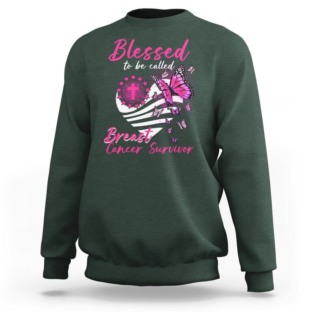 Breast Cancer Awareness Sweatshirt Blessed To Be Called Breast Cancer Survivor Pink Butterfly TS02 Dark Forest Green Printyourwear