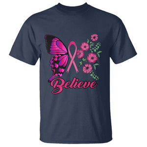 Breast Cancer Awareness T Shirt Believe Butterfly Flower Pink Ribbon Support Squad TS02 Navy Printyourwear