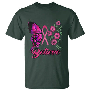Breast Cancer Awareness T Shirt Believe Butterfly Flower Pink Ribbon Support Squad TS02 Dark Forest Green Printyourwear