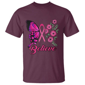 Breast Cancer Awareness T Shirt Believe Butterfly Flower Pink Ribbon Support Squad TS02 Maroon Printyourwear