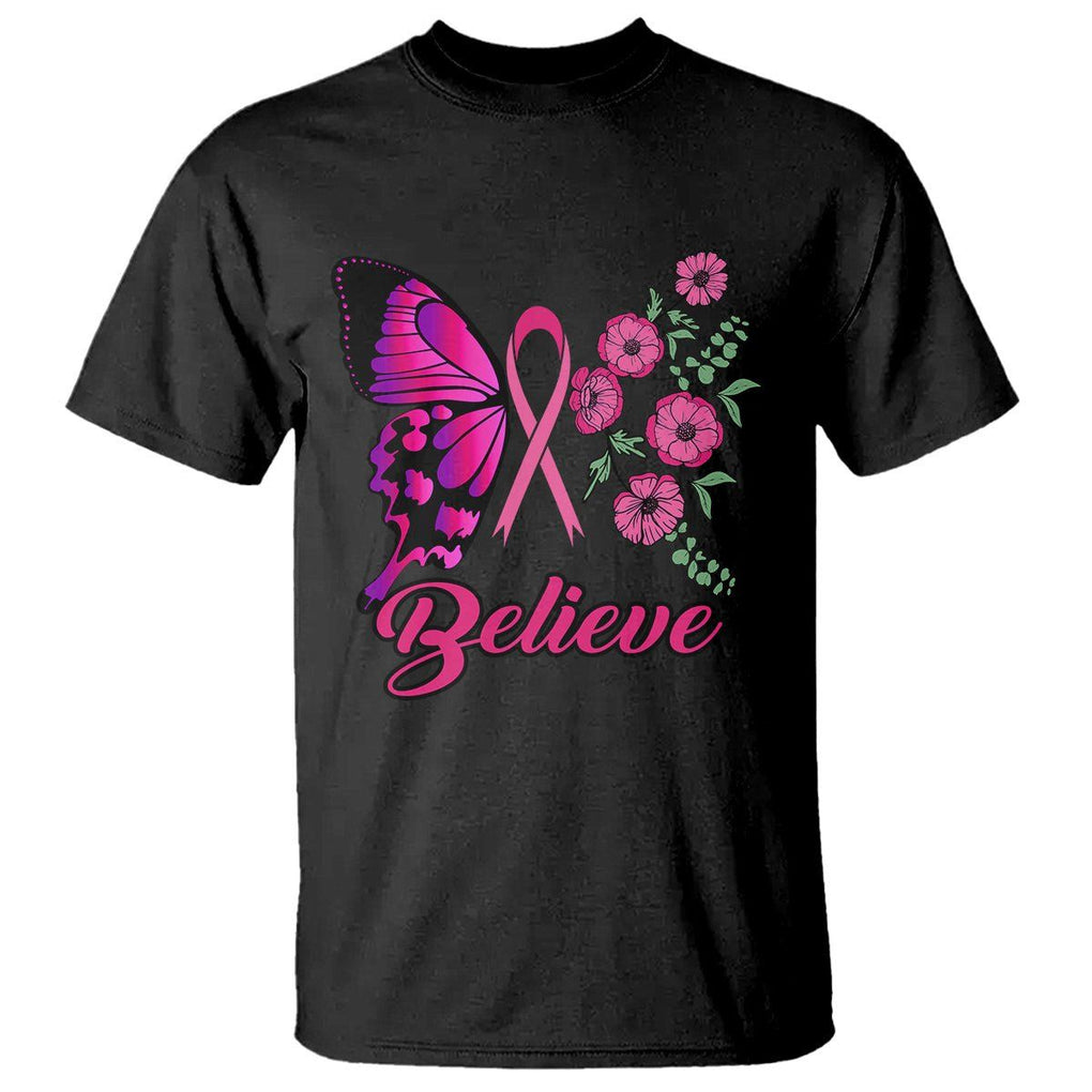 Breast Cancer Awareness T Shirt Believe Butterfly Flower Pink Ribbon Support Squad TS02 Black Printyourwear