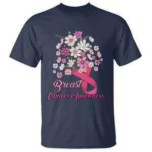 Breast Cancer Awareness T Shirt Pink Ribbon Flower Bouquet Supoprt Women Breast Cancer Warrior TS02 Navy Printyourwear