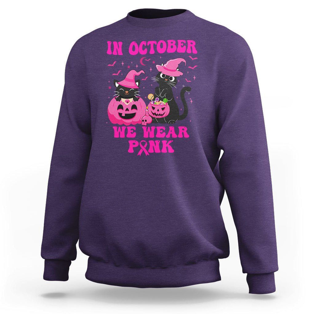 Breast Cancer Cat Sweatshirt In October We Wear Pink Black Cat Halloween Breast Cancer Awareness TS02 Purple Printyourwear