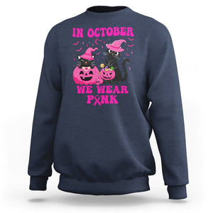 Breast Cancer Cat Sweatshirt In October We Wear Pink Black Cat Halloween Breast Cancer Awareness TS02 Navy Printyourwear