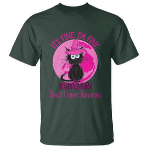 Breast Cancer Cat T Shirt It's Fine I'm Fine Everything's Fine Black Cat Breast Cancer Warrior TS02 Dark Forest Green Printyourwear