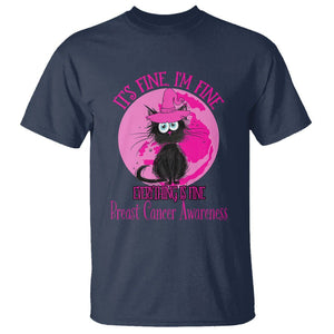 Breast Cancer Cat T Shirt It's Fine I'm Fine Everything's Fine Black Cat Breast Cancer Warrior TS02 Navy Printyourwear