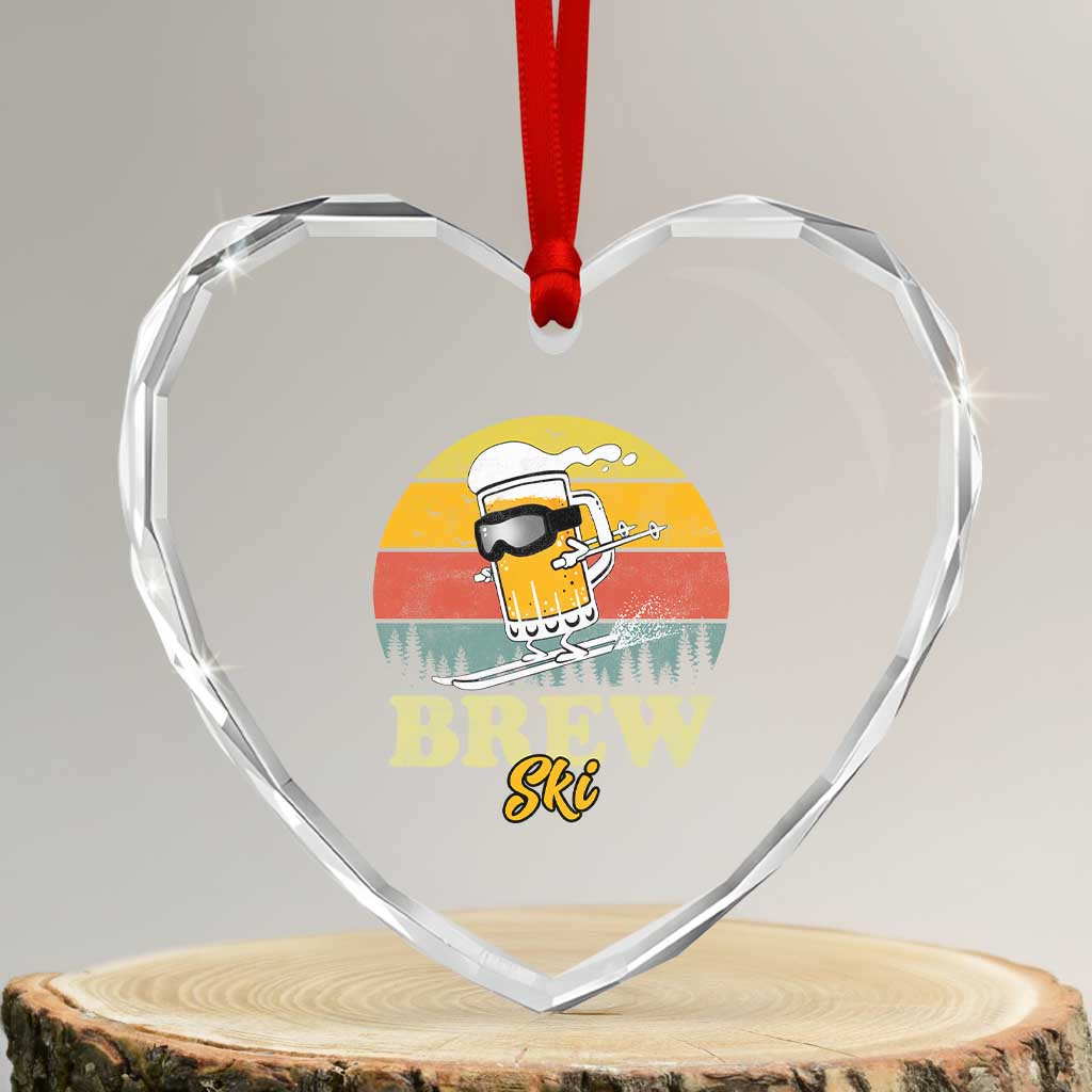 Brewski Skiing Beer Heart Crystal Glass Ornament Funny Skiing Skier Ski Vacation Retro Sunset TS11 Transparent Glass 3'' Heart Print Your Wear