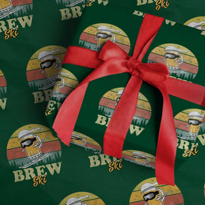 Brewski Skiing Beer Wrapping Paper Roll Funny Skiing Skier Ski Vacation Retro Sunset TS11 Green Print Your Wear