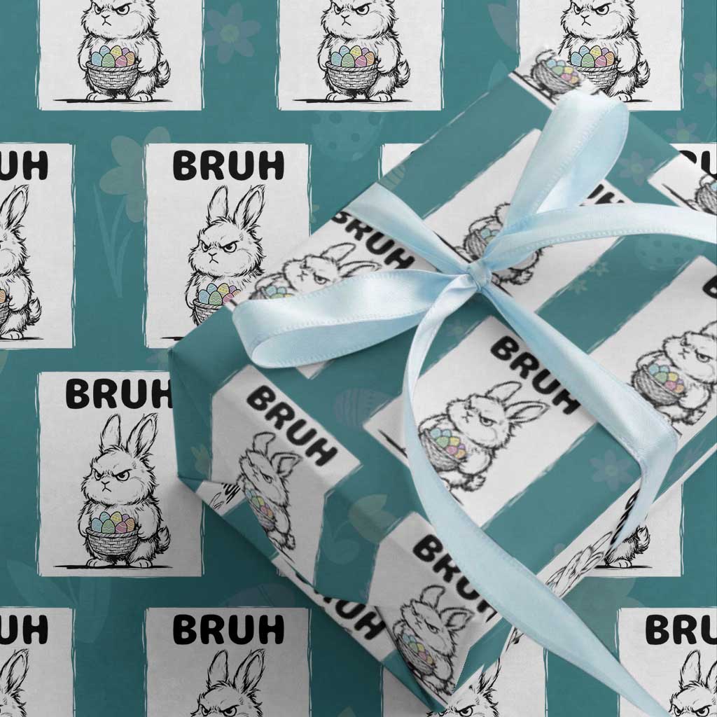 Bruh Angry Easter Bunny with Eggs Basket Wrapping Paper Roll Funny Rabbit Meme Humor Graphic Gift TS02 Teal Print Your Wear