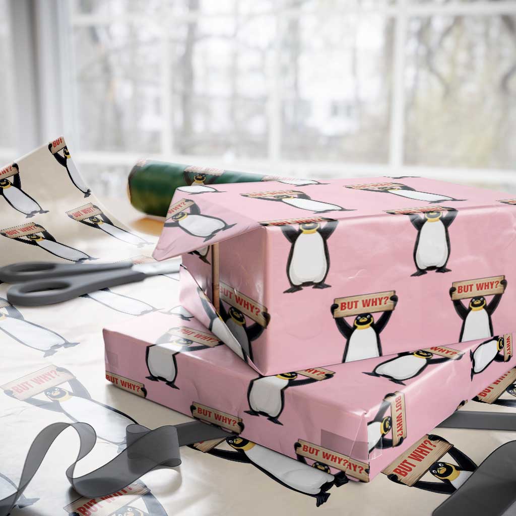 But Why Penguin Wrapping Paper Roll Funny Nihilist Penguin Hiking Meme TS14 Light Pink Print Your Wear